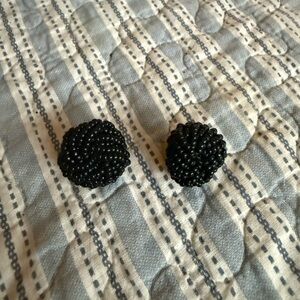 Vintage Black Beaded Button Earrings - Unbranded